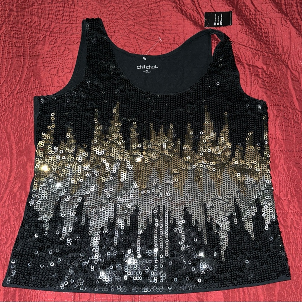 Chit Chat Sequin Black Tank Top Shimmer Disks XL New